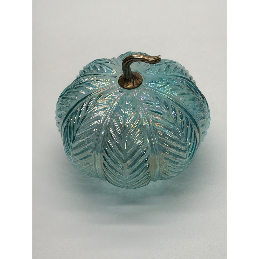 Iridescent Blue Glass Light Up Pumpkin Leaf Pattern Bronze Stem 7.5 inch Decor